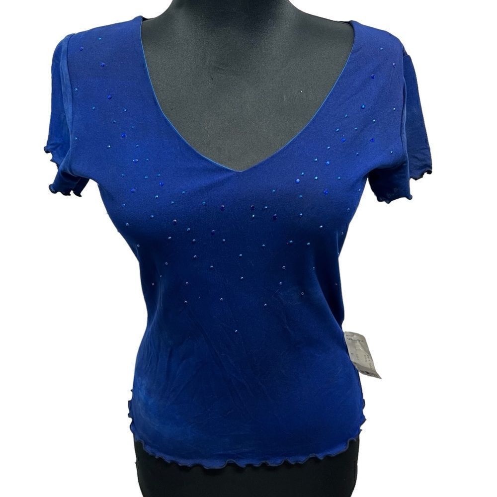 NWT vintage y2k forever 21 v neck top in stretch mesh with blue rhinestones sz L